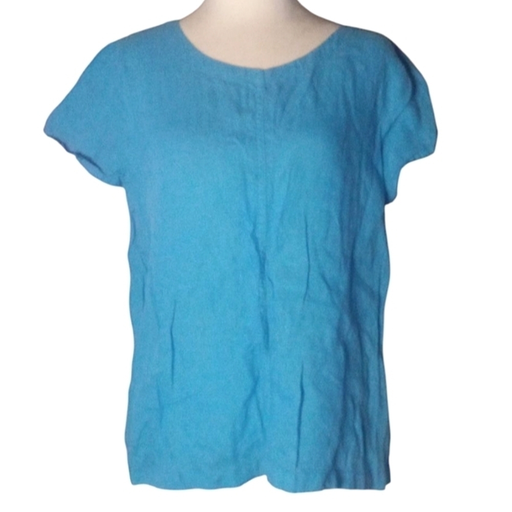 C & C California Breezy Bright Blue Button Back 100% Linen Blouse Size Medium